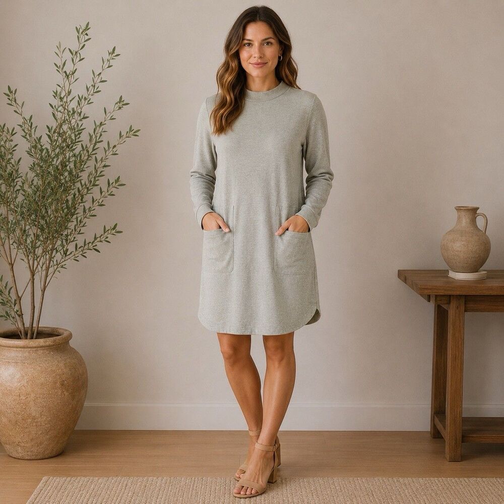 J. Jill Pure Jill Mock Neck Sweater Dress Sage Green Pockets Loungewear Sz ST